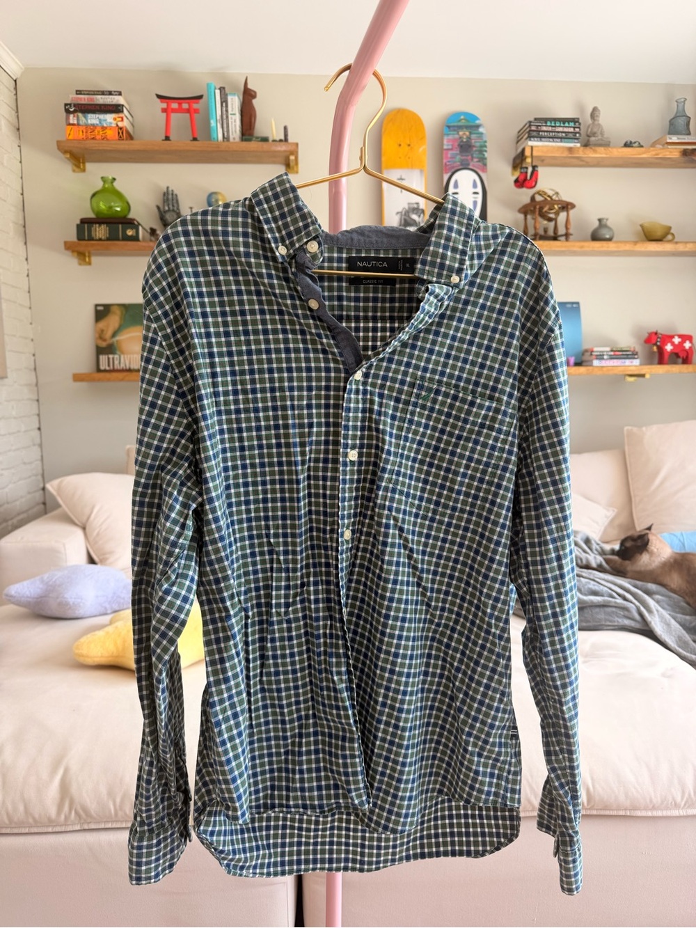 Nautica Classic Fit Green Navy Plaid Button Down Shirt XL